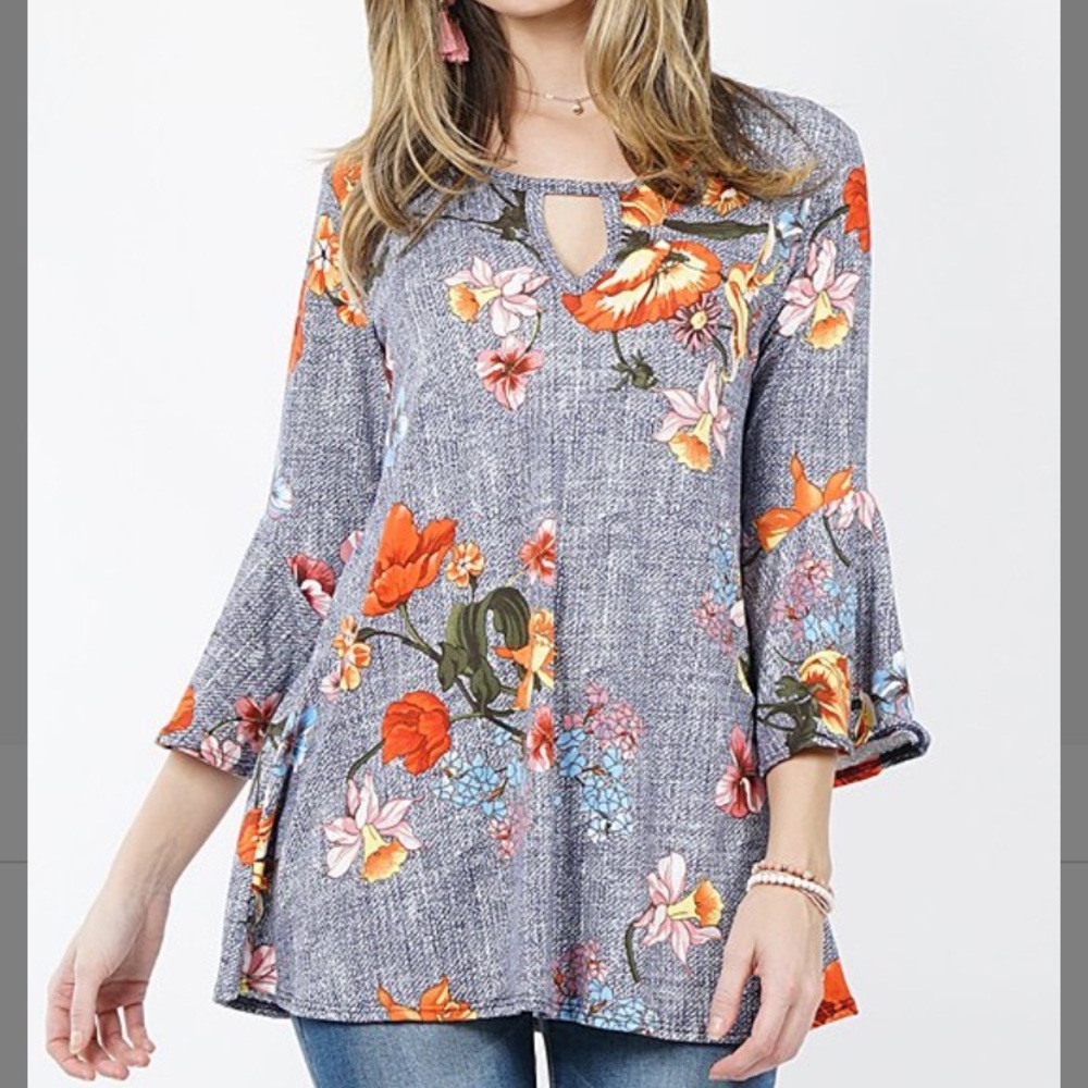 Navy Floral 3/4 Bell-Sleeve Tunic, M